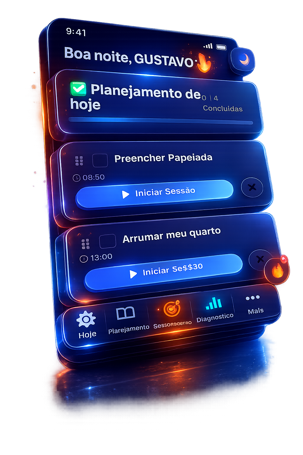 Start Pomodoro rodando em um celular, mostrando o planejamento do dia